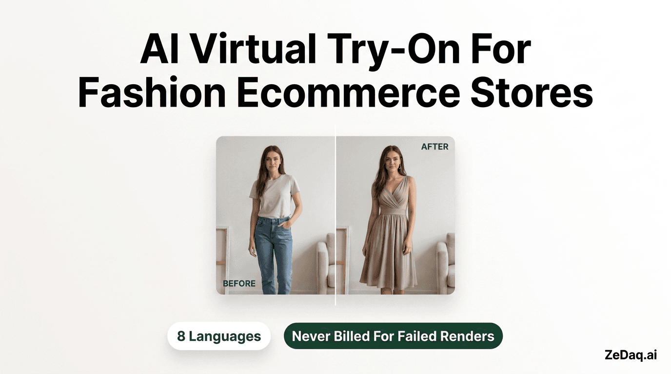 Before and after: a shopper's own photo, then the same photo wearing the garment via ZeDaq.ai virtual try-on