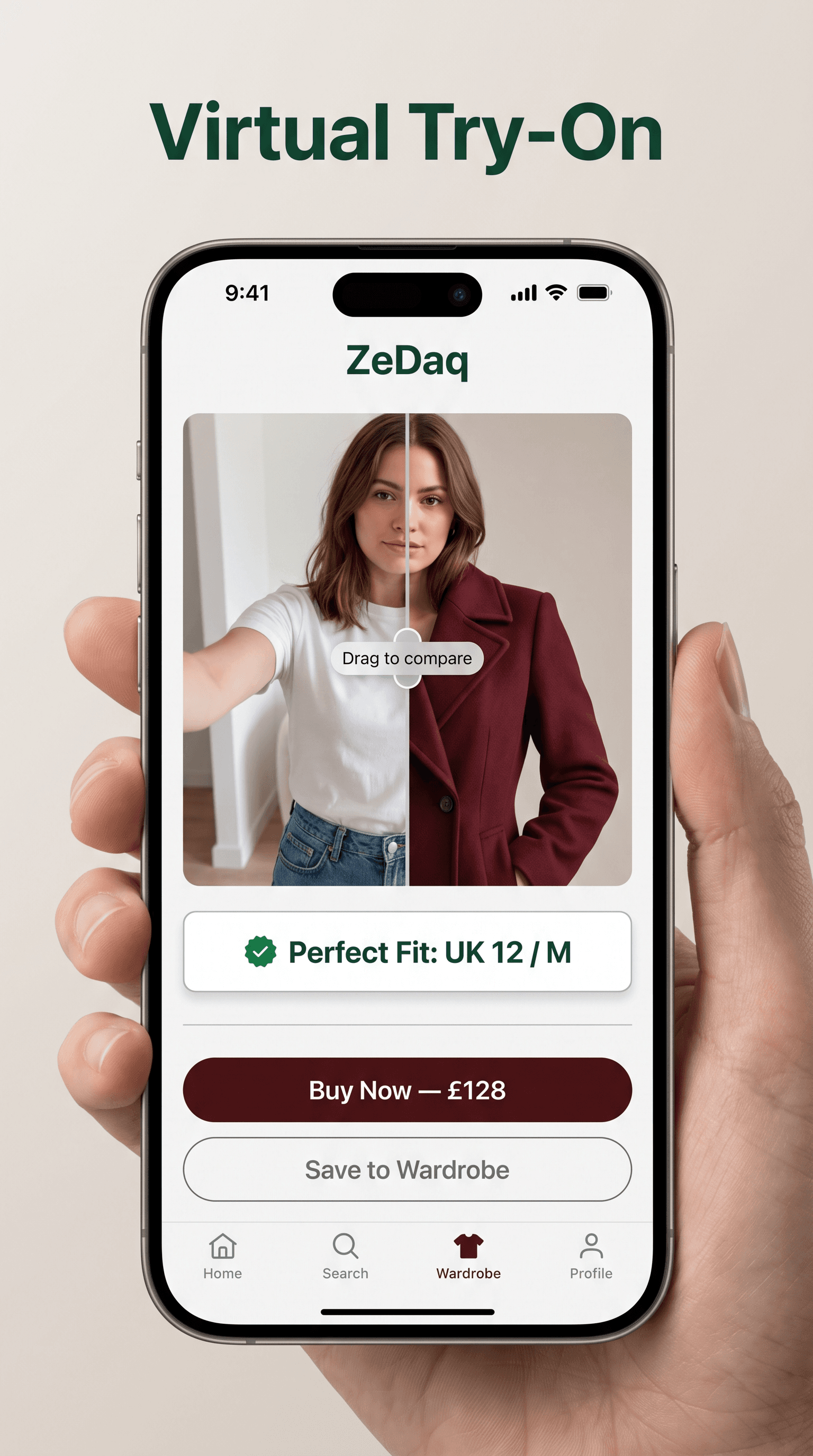 A shopper using ZeDaq.ai Virtual Try-On on a phone, installed via the Shopify widget